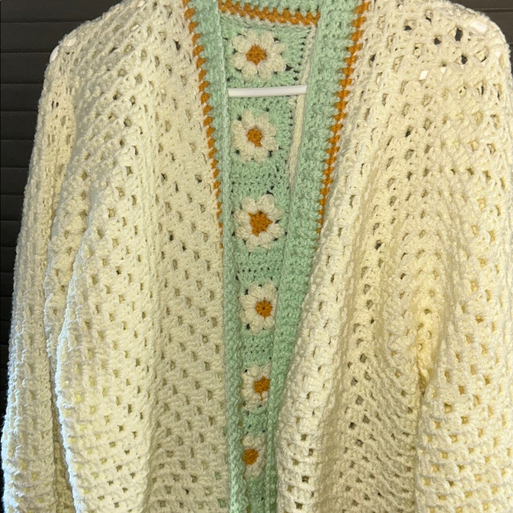 Hand Crochet Cream and Green CARDIGAN